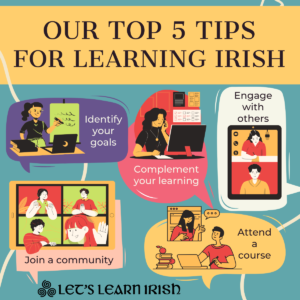 Image showing The Best Way to Learn Irish. Text states Identify your goals, join a community, attend a course, complement your learning and engage with others.